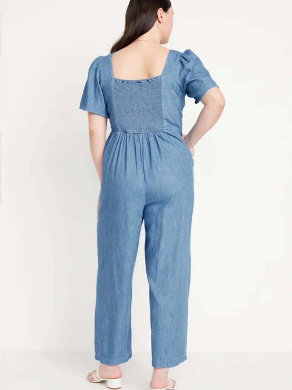 Old Navy Waist-Defined Smocked Denim Jumpsuit Chambray Large - Picture 2 of 14